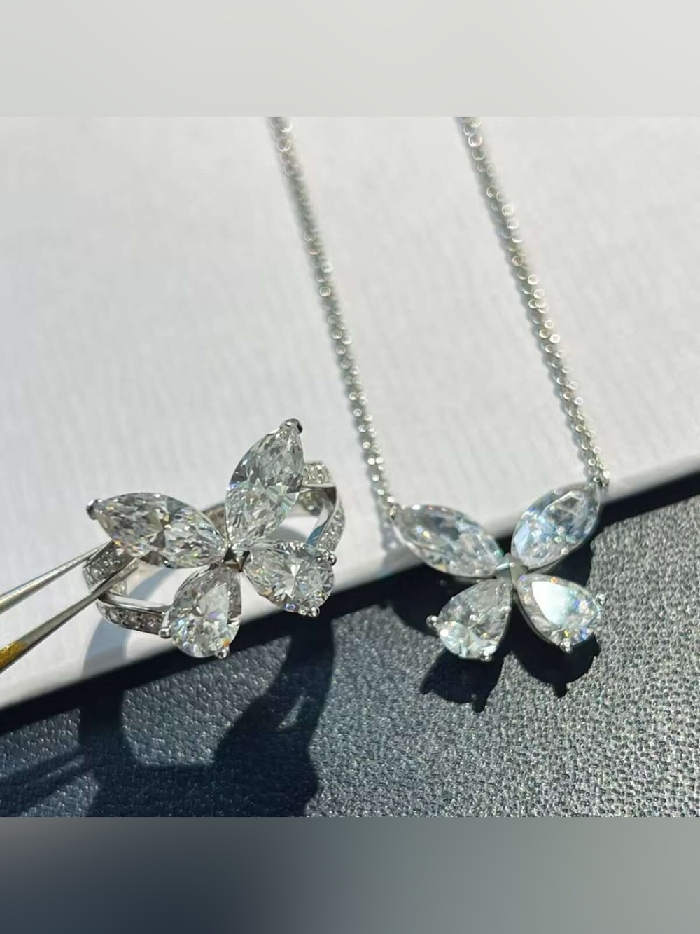 Sparkling White Crystal Butterfly Necklace and Ring Set